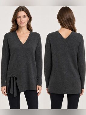 InCashmere Cashmere Long Sweater Gray V-Neck Tie Split Hem Relaxed Fit size S